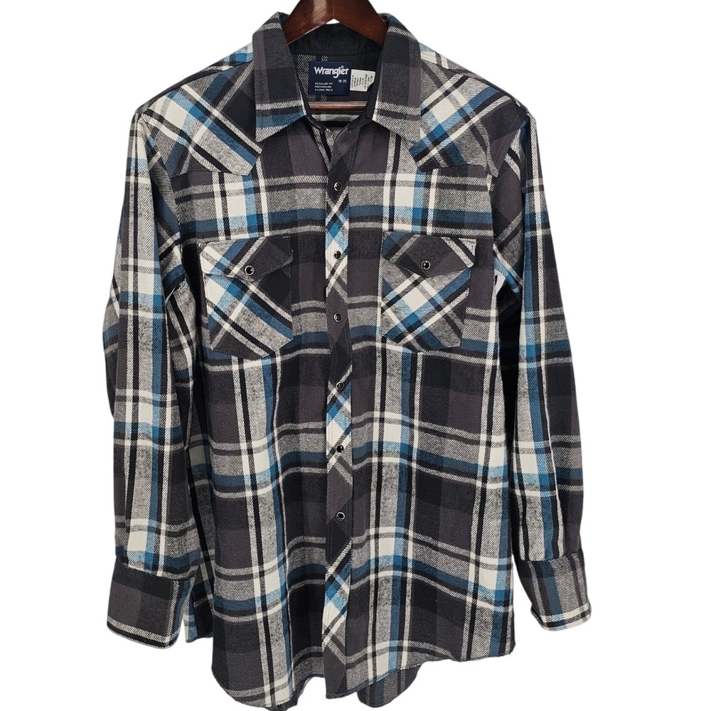 Wrangler Plaid Western Shirt Mens 2XLT Gray Blue‎ Flannel Pearl Snap Button Up